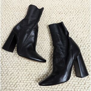 ZARA Black Leather High Heel Sock Boots Size 6